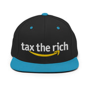 Tax The Rich - Snapback Hat laid flat on a white background, showcasing its high-profile structure, embroidered eyelets, and iconic design reminiscent of a major online retailer.