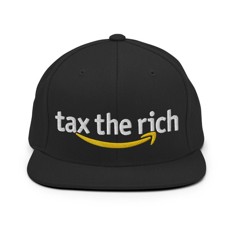 snapback hat with "Tax The Rich" design, anti-capitalism, political