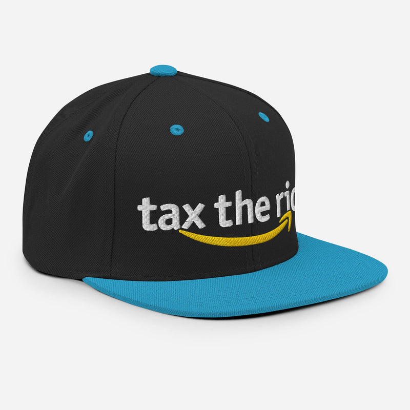 snapback hat with "Tax The Rich" design, anti-capitalism, political
