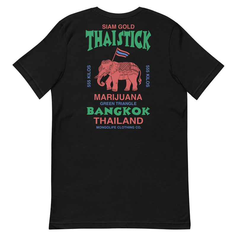 Siam Gold Thai Stick T-Shirt - Black Color - Green Triangle Bangkok Thailand with elephant by Mongolife