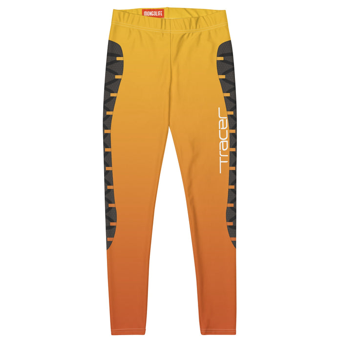 front view of Leggings designed to resemble the original skin of the Overwatch character, Tracer.