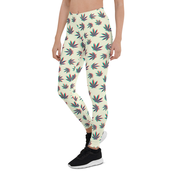 model wearing Anaglyphic 3D cannabis leaf pattern on leggings.