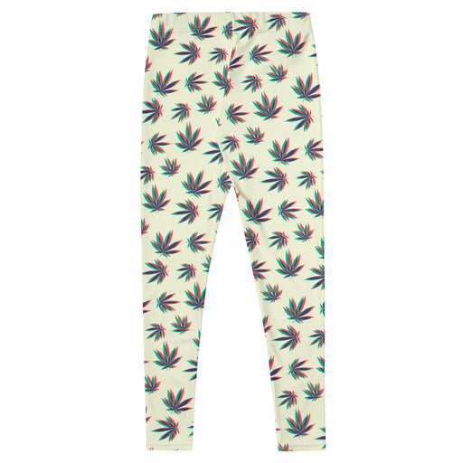 Anaglyphic 3D cannabis leaf pattern on leggings.