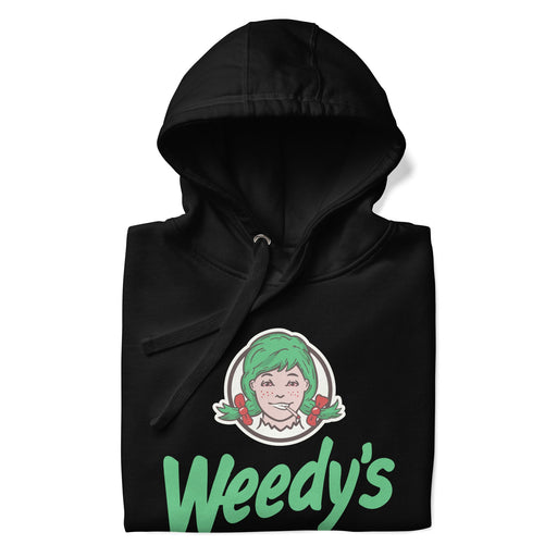 A folded black Weedy's hoodie featuring a cannabis-inspired parody of a famous fast-food logo, with a humorous and casual style.