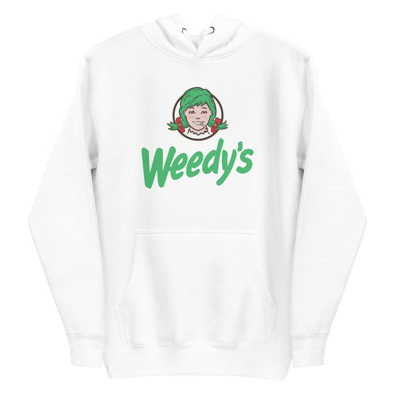 A white Weedy's hoodie featuring a cannabis-inspired parody of a famous fast-food logo, with a humorous and casual style.