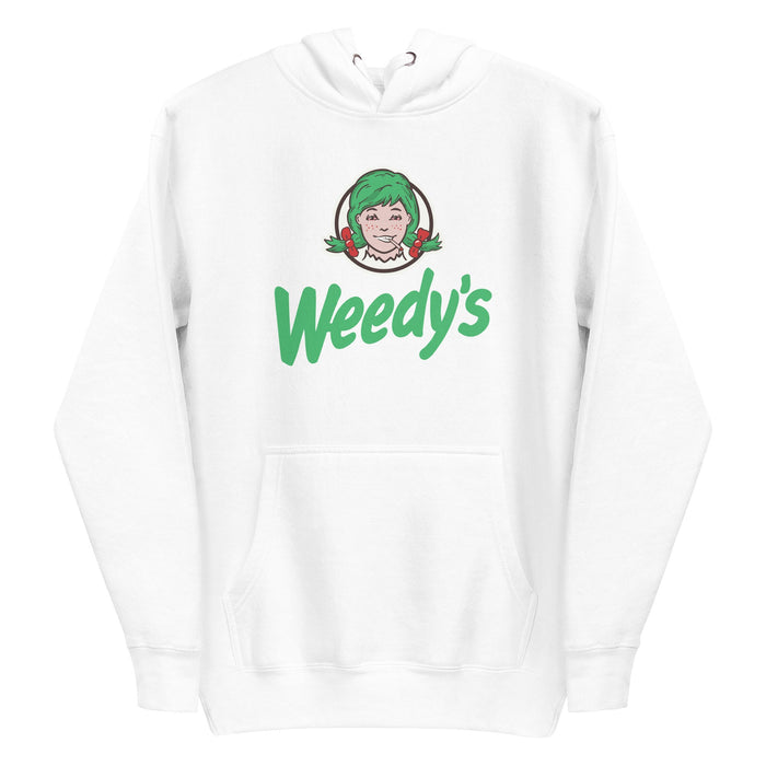 A white Weedy's hoodie featuring a cannabis-inspired parody of a famous fast-food logo, with a humorous and casual style.