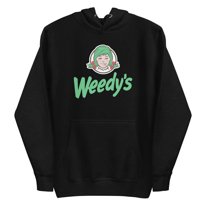 A black Weedy's hoodie featuring a cannabis-inspired parody of a famous fast-food logo, with a humorous and casual style.