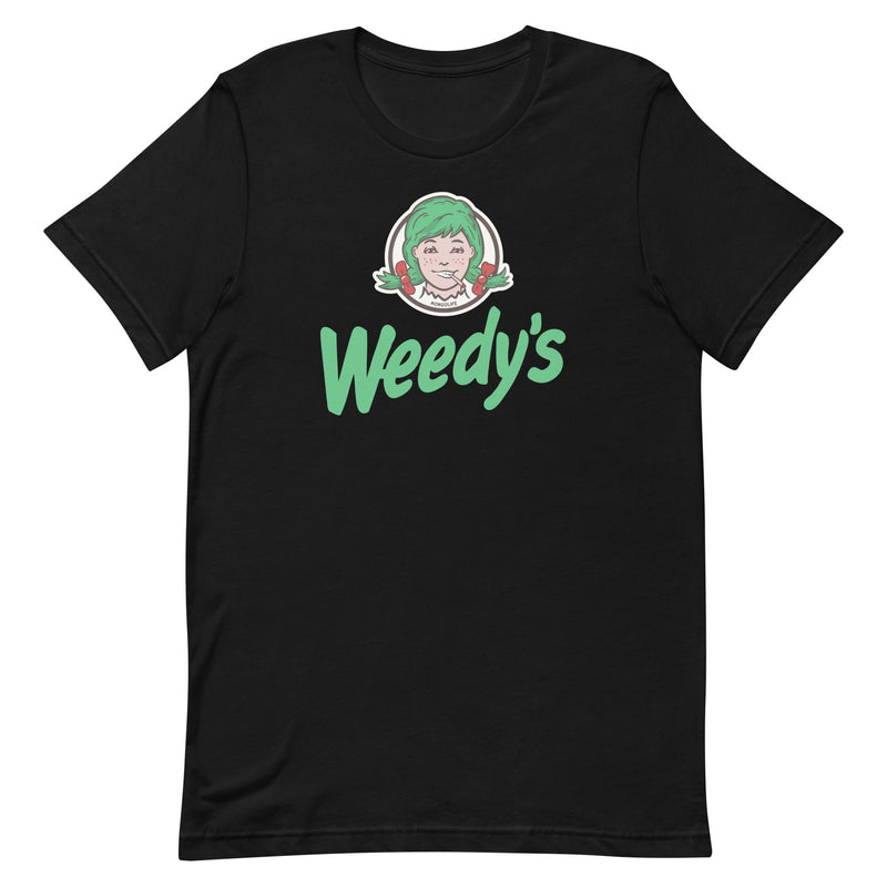 t-shirt with "Weedy's" design, weed
