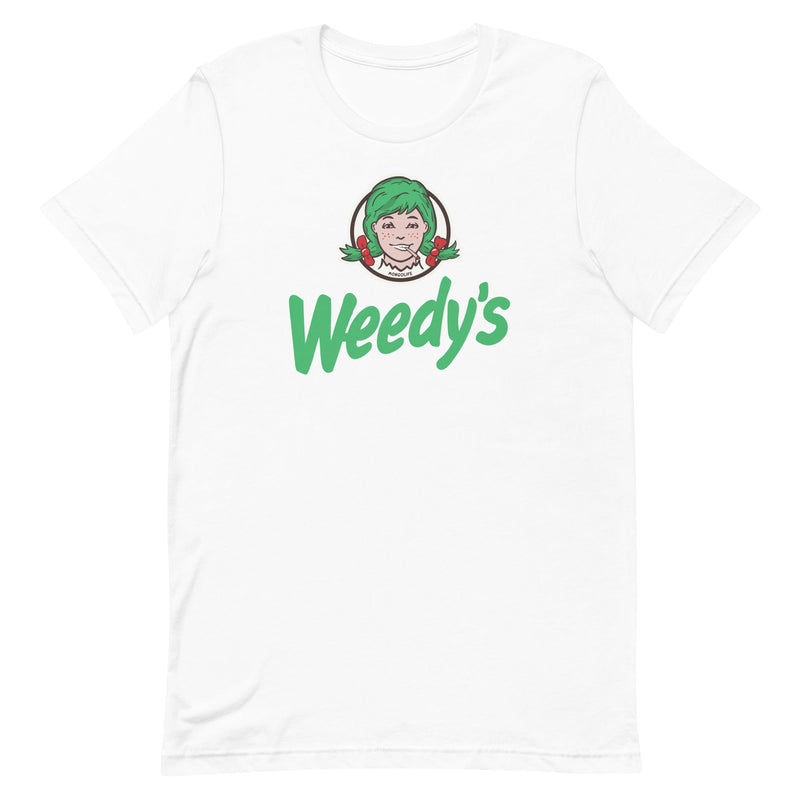 t-shirt with "Weedy's" design, weed