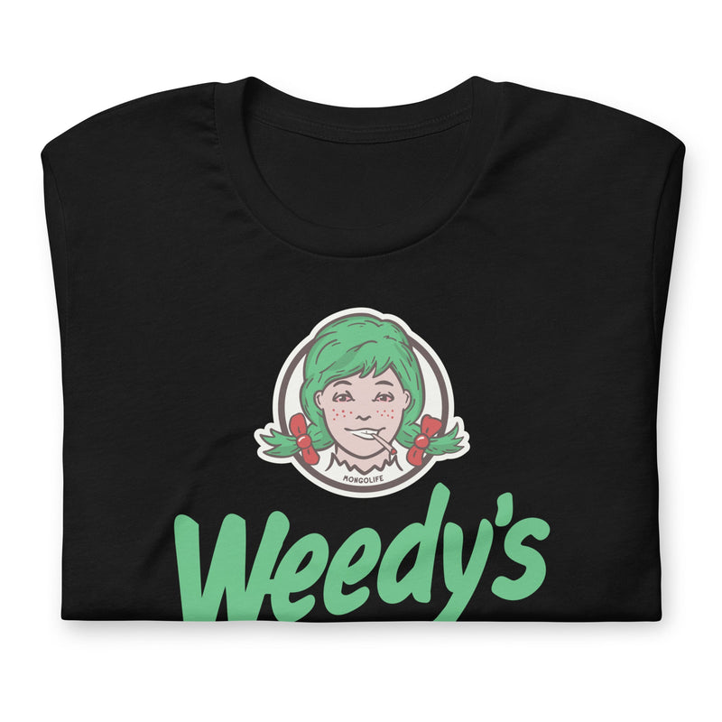 t-shirt with "Weedy's" design, weed