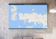 Modern map of Westeros and Essos, on a concrete wall, in the style of the Google Maps UI, framed as “The Known World.”