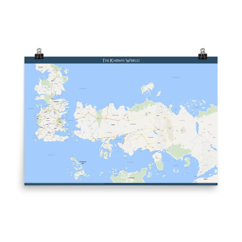 Modern map of Westeros and Essos, on a white wall, in the style of the Google Maps UI, framed as “The Known World.”